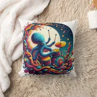 Octopus Playing Drums Under A Starry Night Throw Pillow