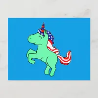 Unicorn Mint Green Patriotic USA Flag Mane Cartoon Postcard