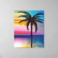 Palm Tree Silhouette, Seagull and Colorful Sunset Canvas Print