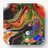 Orange, Blue, Green, Black Digital Fluid Art   Paper Plates