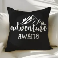 Adventure Awaits Wilderness Quote Black and White Throw Pillow