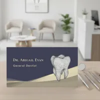 Professional Navy Blue Gold 3D Tooth Icon Dentist Business Card