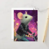 Adorable White Mouse riding a Motercycle in Flower Postcard