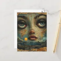 Abstract Face Blue Eyes Grunge Beach Postcard