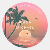 Tropical Isle Sunrise Wedding Thanks Pink ID581 Classic Round Sticker