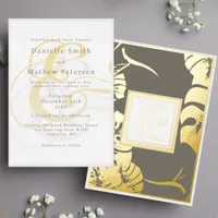 Modern Gray Gold Monstera Leaf Tropical Wedding Foil Invitation