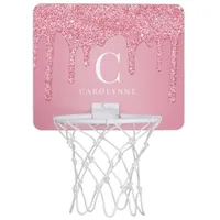 Girly Pink Sparkle Glitter Drips Monogram Mini Basketball Hoop