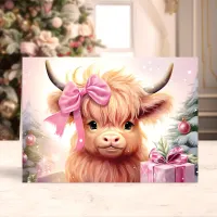 Baby Highland Cow With Pink Bow Christmas Holiday Card