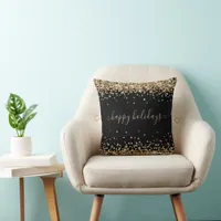 Gold Glitter Happy Holidays Sparkle Shine Black Throw Pillow