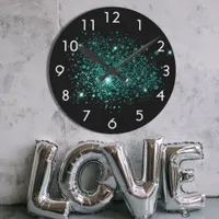 Black teal green glitter sparkle round clock