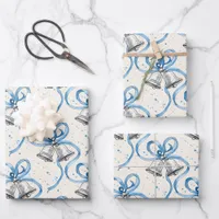 Blue Ribbons and Silver Bells Cream Wrapping Paper Sheets