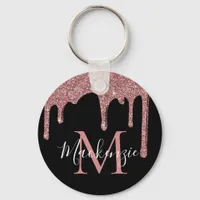 Black Rose Gold Faux Glitter Drips Monogram Keychain