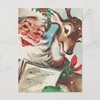 Vintage Santa and Reindeer Holiday Postcard