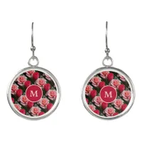 Pink and Red Roses Pattern Floral Monogram Earrings