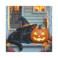 Black Cat Napping Pumpkin Halloween   Metal Print