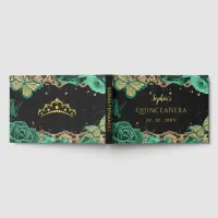 Green Roses Black Gold Lace Butterfly Quinceañera Foil Guest Book