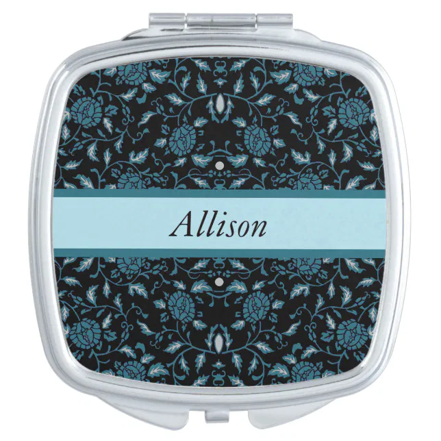 Elegant Flowery Black and Teal Damask Mirror For Makeup