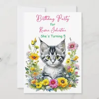 Gray Kitten Themed Floral Girl's Birthday Party Invitation