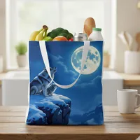 Wolf and Baby Cub Howling at Full Moon Grocery Bag