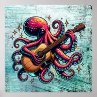 Funny Cartoon Octopus Playing Guitar Poster