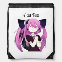 Sweet Purple and Black Anime Girl with Cat Ears Drawstring Bag