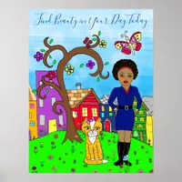 Whimsical Fold Art, Lady and Cat in Village Poster