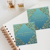 Teal Gold Luxury Glam Elegant Calligraphy Script Square Business Card