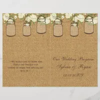 burlap ivory roses mason jars programs folded