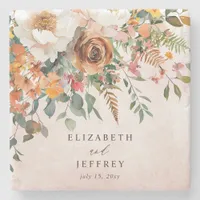 Rustic Orange Floral Fall Wedding Stone Coaster