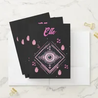 Hamsa Hand with Evil Eye and Hearts Pink on black  Pocket Folder