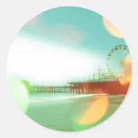 Santa Monica Pier Green Orange Sparkles Edit Classic Round Sticker