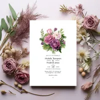 Mauve and Pine Green Floral Summer Wedding Invitation