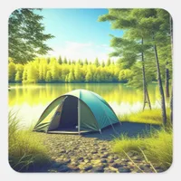 Tent in a Beautiful Forest by a Lake Square Sticker