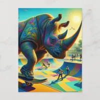 Skateboarding Surreal Adorable Rhino Postcard