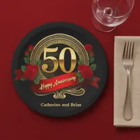 Elegant Red Roses & Gold 50th Wedding Anniversary Paper Plates