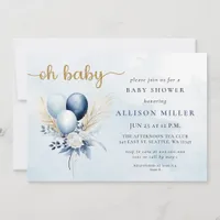 Oh Baby Blue Gold Pampas Boho Boy Baby Shower  Invitation