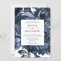 Modern Dark Blue Roses Bouquet Wedding Invitation