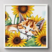 Cute Napping Kitten and Sunflowers Peel And Stick Photo Tile