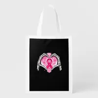 Breast Cancer Skeleton Hand Heart Sign Ribbon Awar Grocery Bag