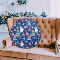 Santa Gnome for Holidays Pattern Blue Background Round Pillow