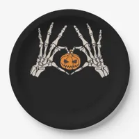 Skeleton Hand Heart And Pumpkin Funny Skull Paper Plates