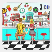 1950's Diner | Couple Holding Hands   Square Sticker