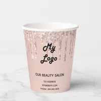 Beauty salon rose gold glitter business logo paper cups