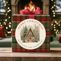 Watercolor Log Cabin Merry Christmas Custom Gift Classic Round Sticker