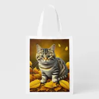 AI Gray Tabby Cat Playing in Autumn Leaves Grocery Bag