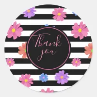 Trendy Floral Black & White Stripes Thank You Classic Round Sticker