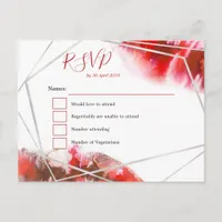 Red Watercolors/Silver geometric line RSVP Postcard