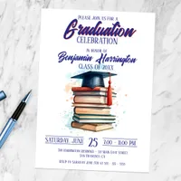 Watercolor Graduation Cap with Books Celebration Invitation