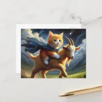 An adorable ginger kitten riding a goat postcard