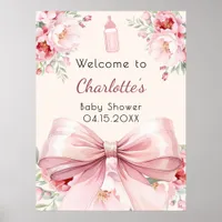 Pink bow cream florals baby shower welcome sign